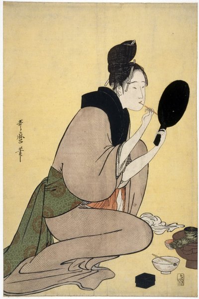 Sur la beaute : femme se maquilant les levres - Bijin-ga.唇に化粧をする少女 par 歌麿, 喜多川 (1753-1806), - カラー木版, 37,7x25,2 - 個人蔵 作： Kitagawa Utamaro