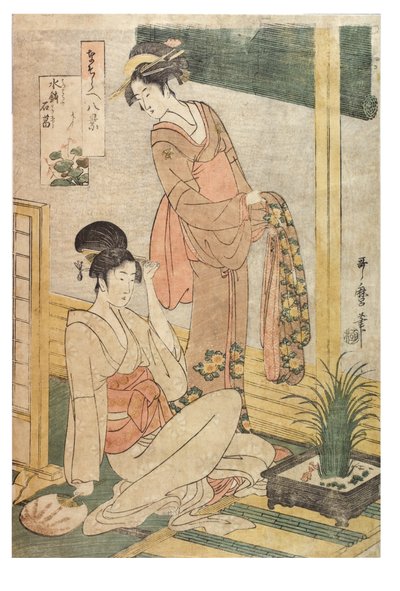 シリーズ「8つのビューの模倣」の水盤にあるひょうたんと岩、1797〜1798年頃（紙に木版画） 作： Kitagawa Utamaro