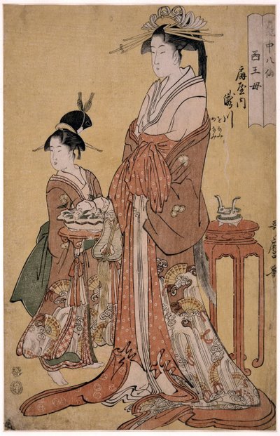 歌麿・喜多川（1753-1806）の「仙人の愛の芸術」シリーズから「扇谷八丁の滝川」。 作： Kitagawa Utamaro