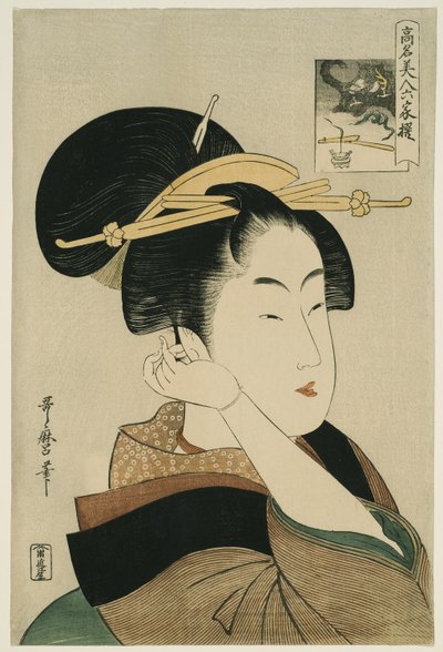Tatsumi Roko, from the series “Renowned Beauties Likened to the Six Immortal Poets" ("Komei bijin rokkasen")   1278805   ja       japanese Successfully Translated  Original: The raised forearm of a woman Translat: The raised forearm of a woman 1284733 ja j 作： Kitagawa Utamaro