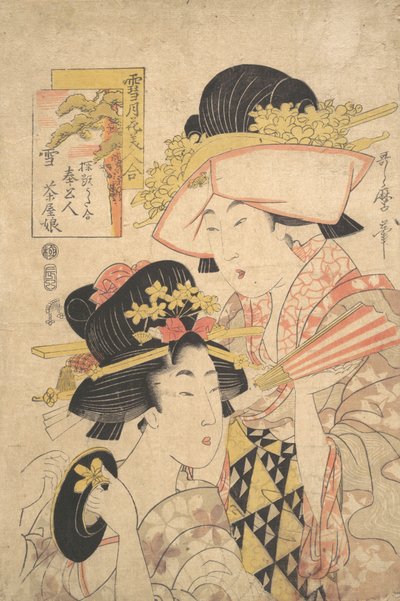 茶屋の娘と召使。雪...18世紀後半 作： Kitagawa Utamaro