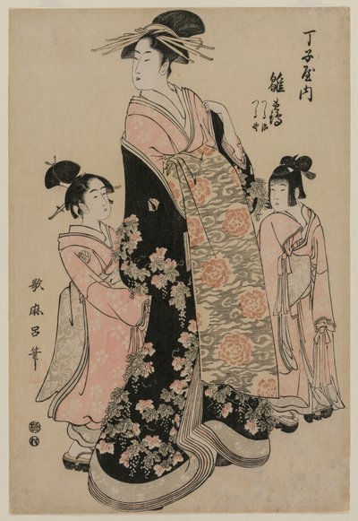 チョウジヤの遊女ヒナズルとアテンダントのツルジ、ツルノ、c。 1794。 作： Kitagawa Utamaro