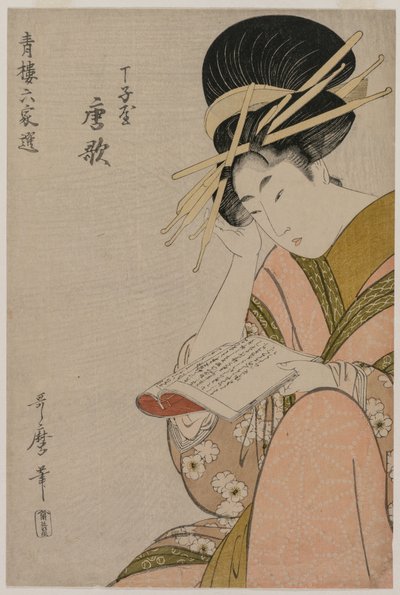長治屋の花魁唐唄本を読む 作： Kitagawa Utamaro