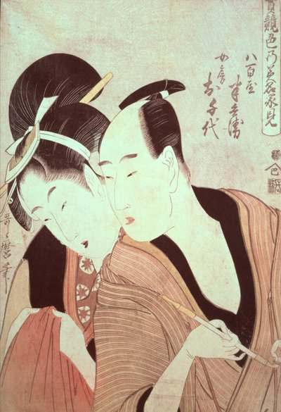 シリーズ「情熱的な恋人の配列」より、恋人の半兵衛とオチエ 作： Kitagawa Utamaro