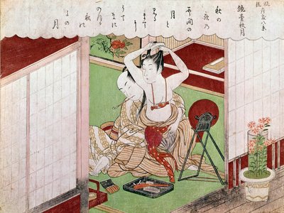 喜多川歌麿（1753-1806）のエレガンテ和風版画のトイレ。日曜大工。0,38x0,25 m. 1794-1795年。パリ、ギメ美術館、国立アジア美術館 作： Kitagawa Utamaro