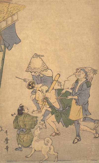 下層階級の三人の遊女がコムソの帽子をかぶって... 18世紀後半～19世紀前半 作： Kitagawa Utamaro