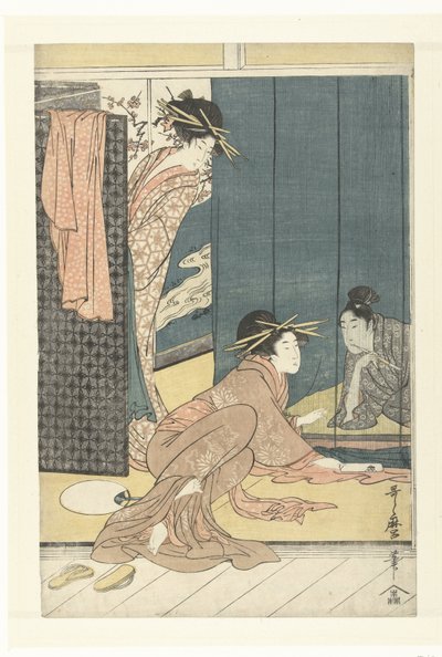 遊女二人と蚊帳の下の青年 作： Kitagawa Utamaro
