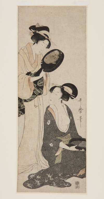 二人の女性がそれぞれ漆塗りの鏡の一部を持っている（カラー木版画 作： Kitagawa Utamaro