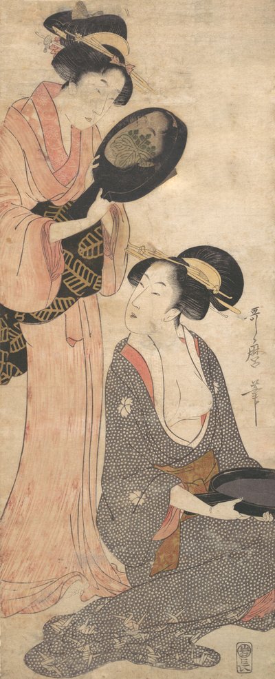2人の女性がそれぞれ漆塗りの鏡の一部を持っている 1790年代 作： Kitagawa Utamaro