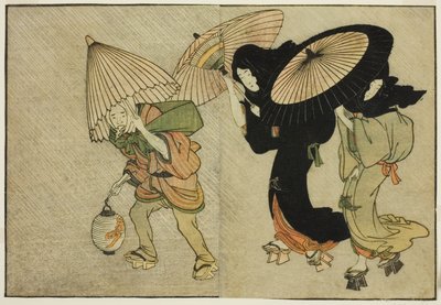 嵐に巻き込まれた二人の女と従者 絵本『絵本式の花』vol. 2 作： Kitagawa Utamaro