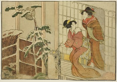 雪の朝、縁側の二人の女 挿絵集『絵本 四季の花』vol. 2 作： Kitagawa Utamaro