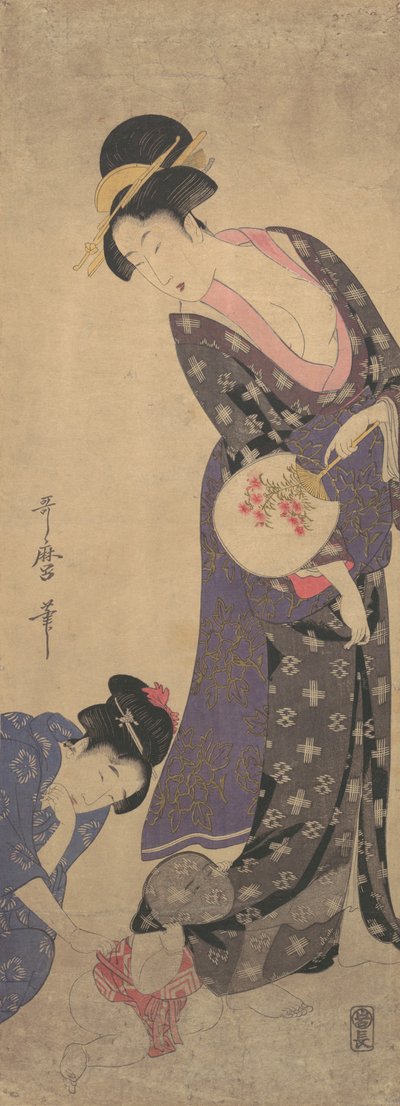 床で遊ぶ赤ちゃんを連れた二人の女性 1793年頃 作： Kitagawa Utamaro