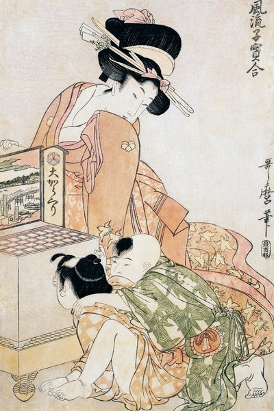 大きな光学箱を覗き込む二人の子供 作： Kitagawa Utamaro