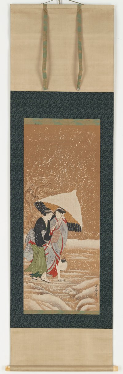 吹雪の中で傘をさす二人の少女 1753-1806年 作： Kitagawa Utamaro