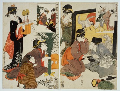 江戸時代の家庭の日常を描いたシリーズ「ロイヤルリーグ」の2シーン 作： Kitagawa Utamaro