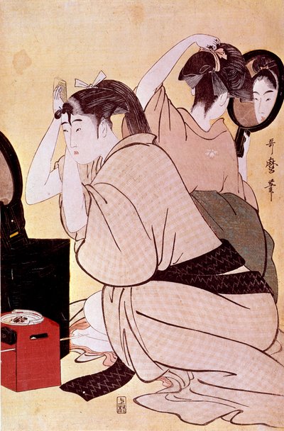 二人の女性の髪型：一人はミロワで自分を見つめ、もう一人は櫛で髪を整える 喜多川歌麿（1753-1806）の日本の版画。日曜大工。0.38×0.25 m. 1794-1795年。パリ、ギメ美術館、国立アジア美術館 作： Kitagawa Utamaro