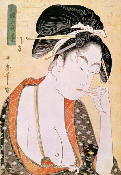 唇を欲しがる女 喜多川歌麿（1753-1806）の日本の版画。18世紀パリ、ギメ美術館、アジア美術博物館 作： Kitagawa Utamaro