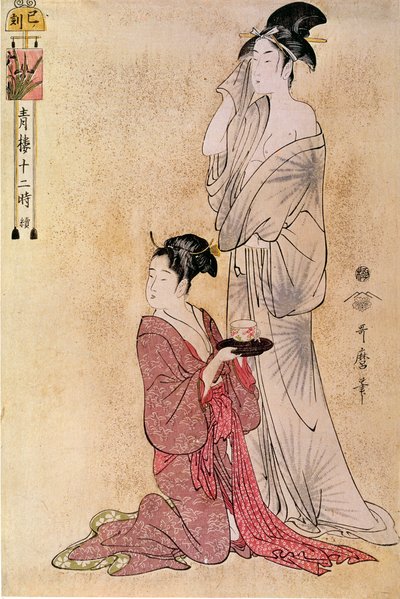侍女にトイレを手伝ってもらう女性 喜多川歌麿（1753-1806）の日本の版画。18世紀パリ、ギメ美術館、アジア美術博物館 作： Kitagawa Utamaro