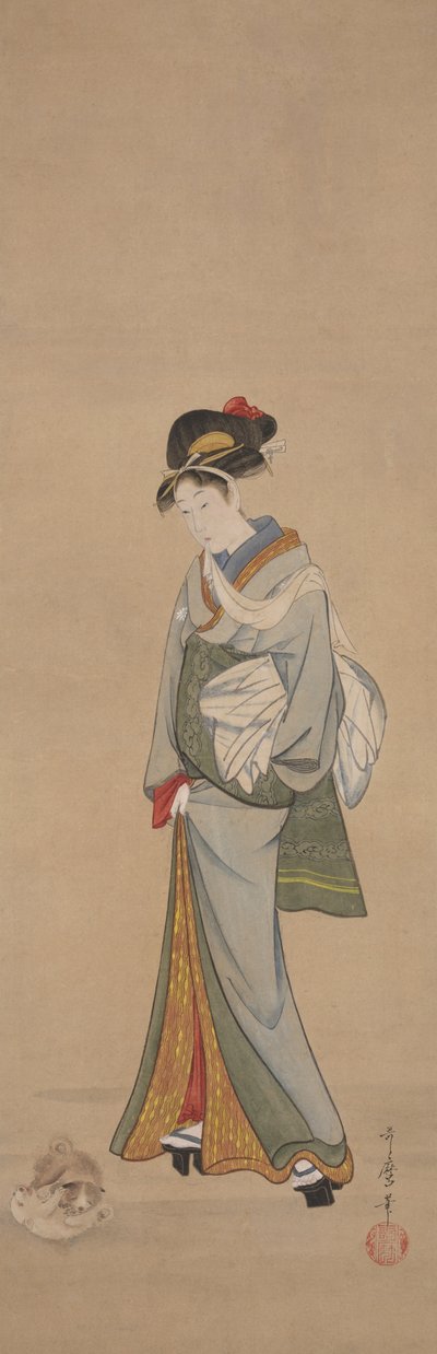 子犬を持つ女性 作： Kitagawa Utamaro