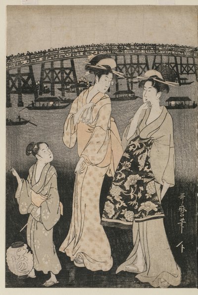 両国橋付近で夕涼みを楽しむ女性たち 作： Kitagawa Utamaro