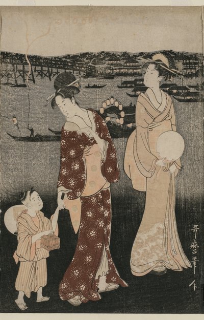 両国橋付近で夕涼みを楽しむ女性たち 作： Kitagawa Utamaro