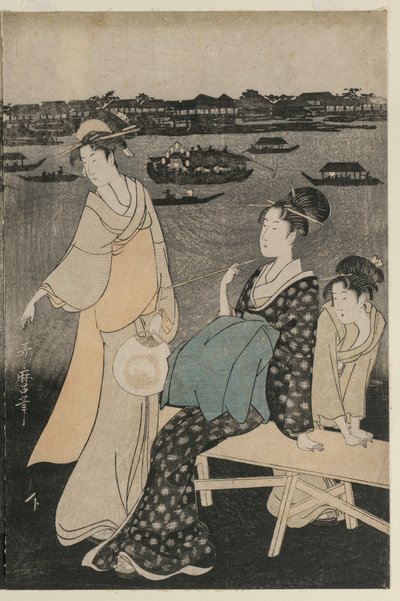 両国橋付近で夕涼みを楽しむ女性たち 作： Kitagawa Utamaro
