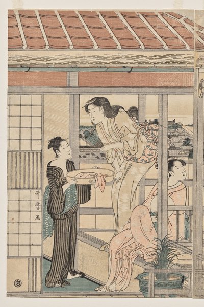 バルコニーで洗濯物を干す女性 作： Kitagawa Utamaro