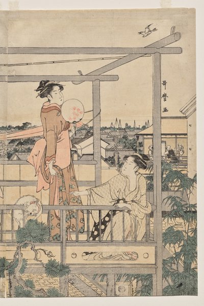 バルコニーで洗濯物を干す女性 作： Kitagawa Utamaro