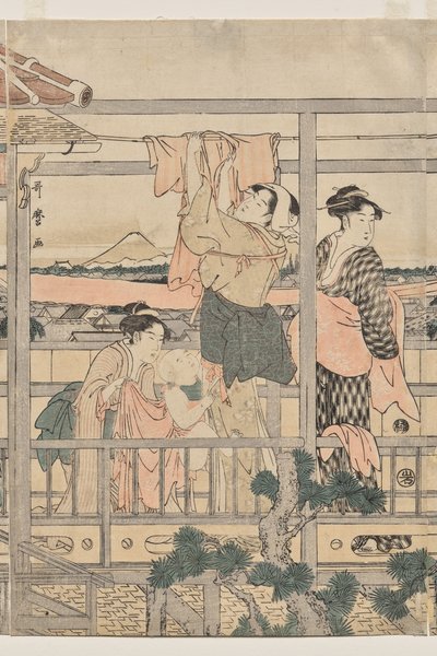 バルコニーで洗濯物を干す女性 作： Kitagawa Utamaro