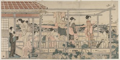 バルコニーで洗濯物を干す女性、1790年代初頭。 作： Kitagawa Utamaro