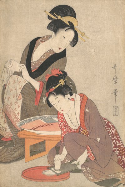刺身を準備する女性たち（1806-20）。 作： Kitagawa Utamaro
