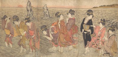 伊勢の双子岩の間で旭日旗を拝む女性たち 18世紀末～19世紀初頭 作： Kitagawa Utamaro