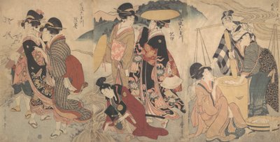 田舎の女性と男性、あるページェント、18 世紀後半から 19 世紀初頭。 作： Kitagawa Utamaro