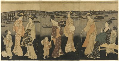 隅田川で花火を見る女性たち 作： Kitagawa Utamaro