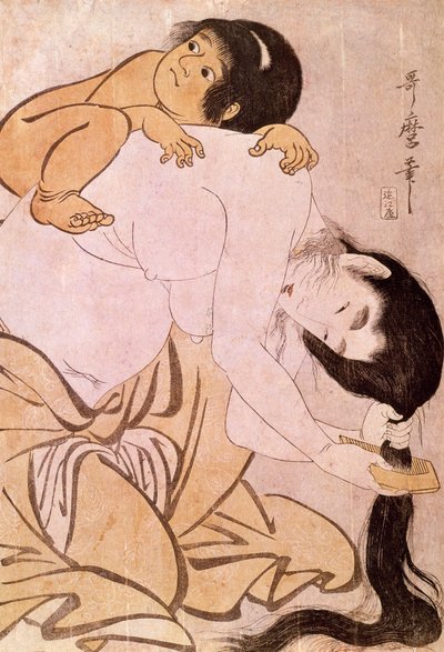 山姥と金時 母は子を背負いながら髪を梳く。喜多川歌麿（1753-1806）による日本の版画。18世紀パリ、ギメ美術館、アジア美術博物館 作： Kitagawa Utamaro
