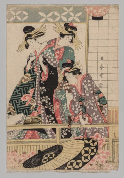 春の街を眺める吉原の女たち 作： Kitagawa Utamaro
