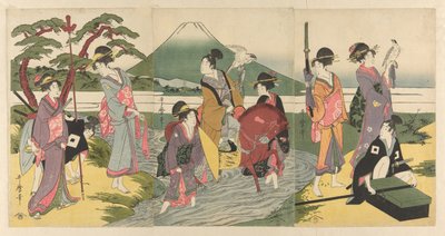 富士山の手前で沢を渡る若者とその一行。 作： Kitagawa Utamaro