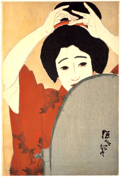 鏡の前で髪を整える女」1930年 作： Kitano Tsunetoni