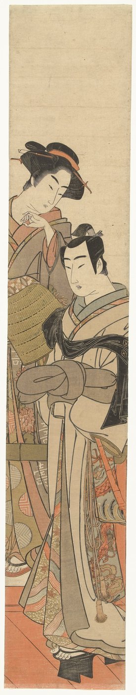 変装した若い男と女 Jonge man met rieten hoed en dame 作： Kitao Masanobu (attributed to)