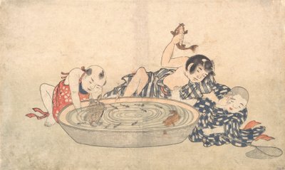 魚や亀の入った洗面器で遊ぶ少年たち 19世紀初頭 作： Kitao Shigemasa
