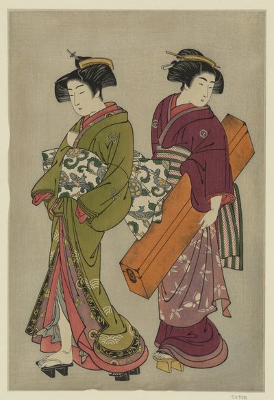 北尾重政（1777） 芸者と三味線箱を運ぶ下女 作： 北尾重政