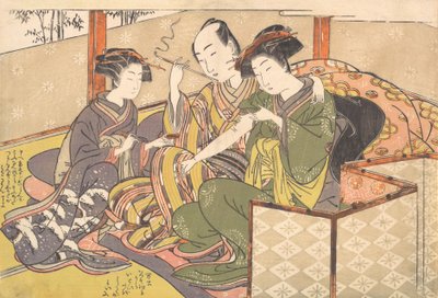 芸者の腕に薬を塗る使用人、18 世紀後半。 作： Kitao Shigemasa