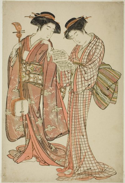 三味線と歌集を持った二人の芸妓 作： Kitao Shigemasa