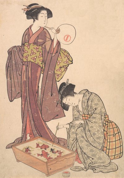 魚に餌をやる 2 人の女性、1739 年～1820 年。 作： Kitao Shigemasa