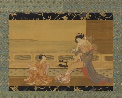 海を見下ろすバルコニーにいる二人の少女 江戸時代（1739-1820）。 作： Kitao Shigemasa