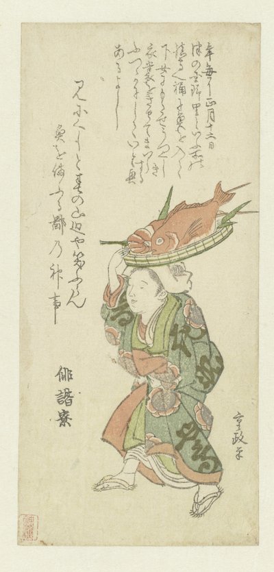 彼女の頭の上に魚のトレイを運ぶ女性 作： Kitao Shigemasa