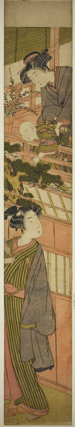 下の若い男に手を差し伸べている少年を保持している女性 作： Kitao Shigemasa