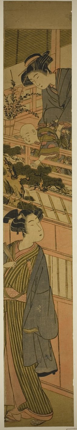 下の若い男に手を差し伸べている少年を保持している女性 作： Kitao Shigemasa