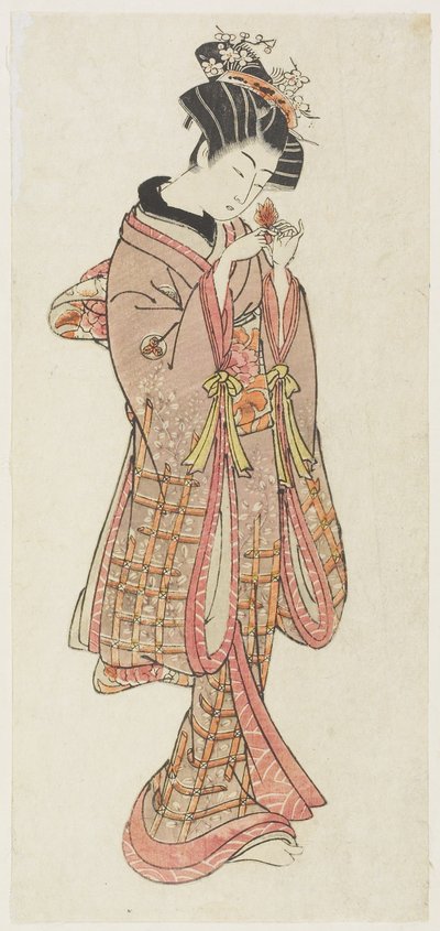 18世紀後半のグランドチェリーを調べる若い女性（色の木版画） 作： Kitao Shigemasa