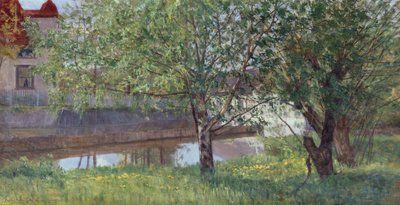 家と木々のある運河区間 作： Kitty Lange Kielland